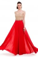 Uzun Kırmızı-Gold Abiye Elbise O3841