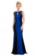 Uzun Saks Mavi-Siyah Abiye Elbise C3109