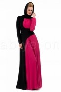 Uzun Kollu Fuşya-Siyah Uzun Abiye Elbise S3614