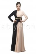 Uzun Kollu Somon-Siyah Uzun Abiye Elbise S3614
