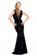 Kolsuz Taş Ve Küpür İşlemeli Siyah Uzun Abiye Elbise F713