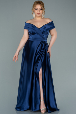 Long Navy Blue Satin Plus Size Evening Dress ABU2355