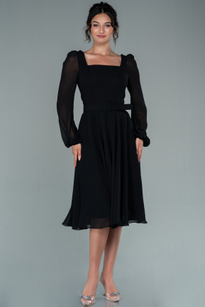 Black Long Sleeve Midi Chiffon Cocktail Dress ABK2026