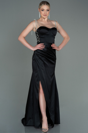 Long Black Satin Prom Gown ABU3198