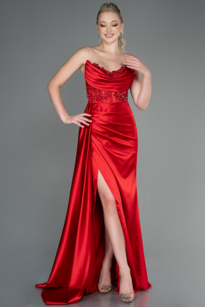 Long Red Satin Plus Size Prom Dress ABU3855