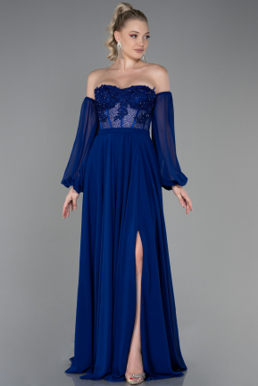 Long Sax Blue Chiffon Evening Dress ABU3820