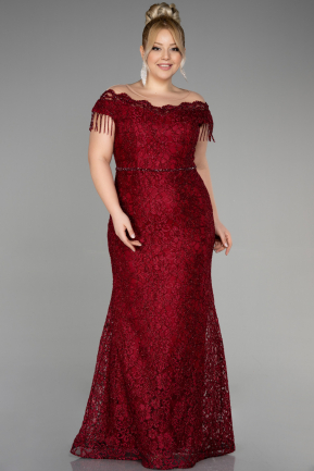 Burgundy Long Laced Plus Size Evening Dress ABU3435