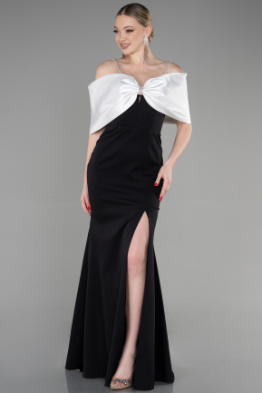 Siyah-Ekru Fiyonk Tasarım Yırtmaçlı Uzun Abiye Elbise ABU3601