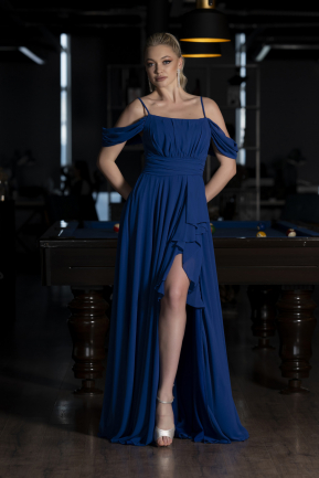 Robe de Soirée Longue Mousseline Bleu Saxe ABU3591