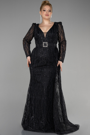 Siyah Uzun Kol Simli Büyük Beden Nişan Elbisesi ABU3562