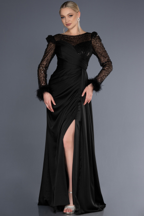 Siyah Pullu Uzun Kol Saten Abiye Elbise ABU3673