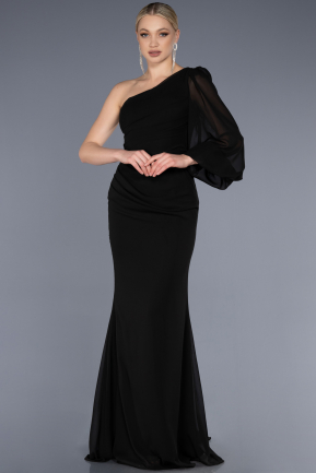 Siyah Tek Kol Uzun Şifon Abiye Elbise ABU3677