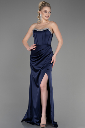 Long Navy Blue Satin Evening Dress ABU3706
