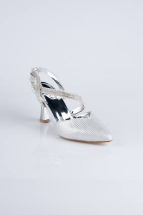 Gümüş Simli Stiletto Abiye Ayakkabı MJC8009