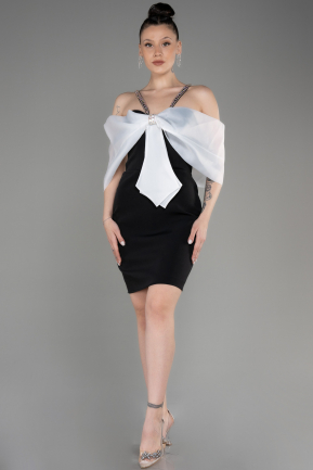 Siyah-Beyaz Fiyonk Tasarım Kısa Davet Elbisesi ABK2020