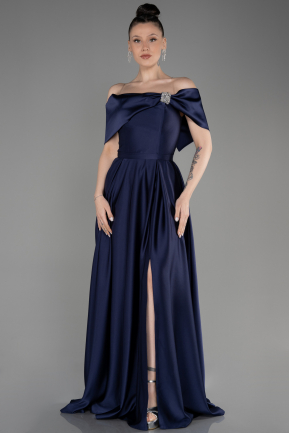 Long Navy Blue Satin Prom Gown ABU3788
