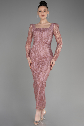 Rose Colored Long Sleeve Midi Cocktail Dress ABK2025