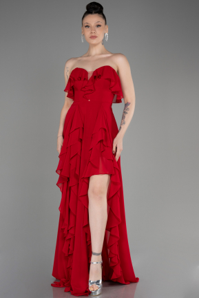 Red Strapless Long Chiffon Prom Dress ABU3838