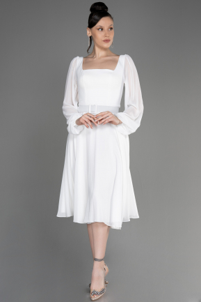 White Long Sleeve Midi Chiffon Cocktail Dress ABK2026