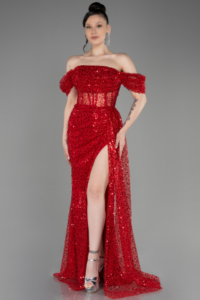 Red Off-Shoulder Slit Long Scaly Evening Dress ABU3847