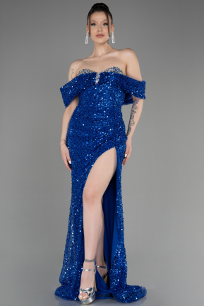 Sax Blue Slit Scaly Long Evening Gown ABU3864