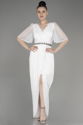 White Short Sleeve Slit Glittery Midi Plus Size Evening Dress ABK2051