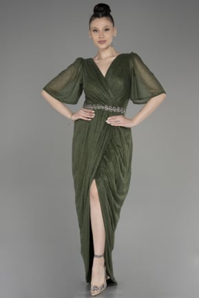 Olive Drab Short Sleeve Slit Glittery Midi Plus Size Evening Dress ABK2051