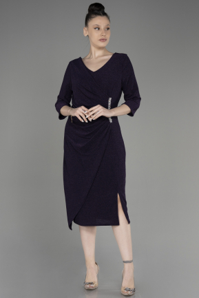 Dark Purple Capri Sleeve Midi Plus Size Evening Dress ABK1950