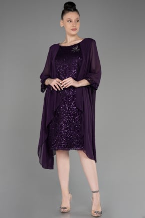Dark Purple Capri Sleeve Chiffon Plus Size Evening Dress ABK2052