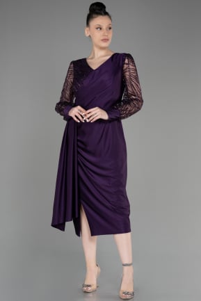 Dark Purple Silvery Long Sleeve Midi Plus Size Invitation Dress ABK2053