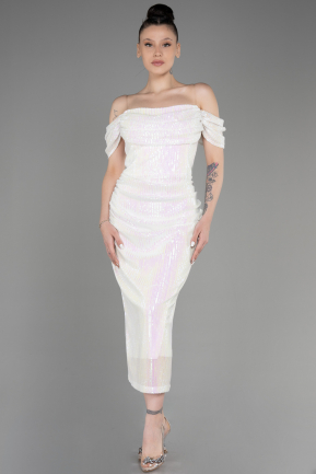 White Off Shoulder Midi Sequined Plus Size Evening Dress ABK2056