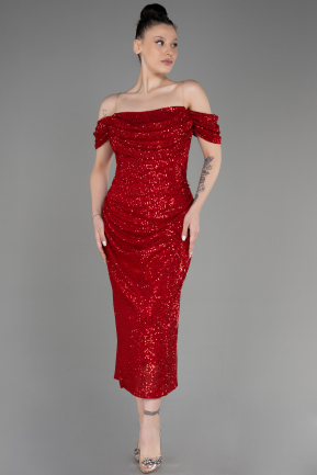 Red Off Shoulder Midi Sequined Plus Size Evening Dress ABK2056