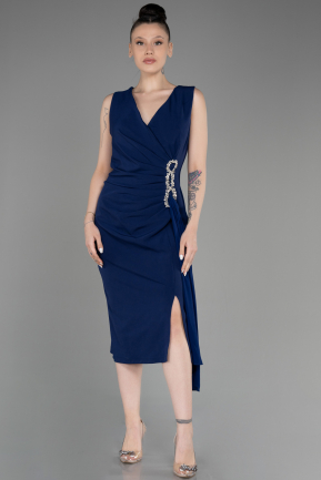 Navy Blue Sleeveless Midi Plus Size Invitation Dress ABK2057