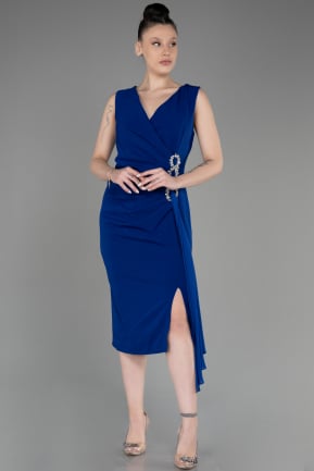 Sax Blue Sleeveless Midi Plus Size Invitation Dress ABK2057