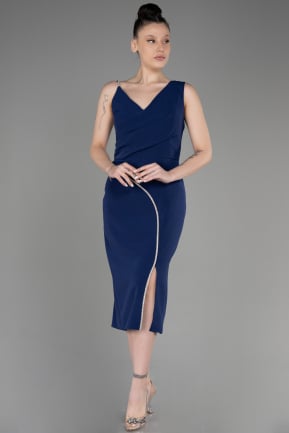 Navy Blue Sleeveless Midi Plus Size Invitation Dress ABK2059