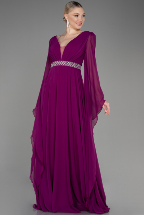 Violet Uzun Şal Kol V Yaka Şifon Abiye Elbise ABU3541