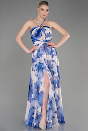 Long Sax Blue Chiffon Evening Dress ABU3878