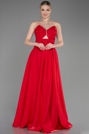 Kırmızı Straplez Uzun Saten Mezuniyet Elbisesi ABU3755