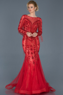 Kırmızı Uzun Taşlı Özel Tasarım Abiye Elbise ABU1518