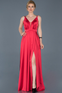 Kırmızı Uzun Saten Yırtmaçlı Nişan Elbisesi ABU807