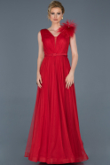Kırmızı Uzun Otriş Detaylı V Yaka Abiye Elbise ABU810