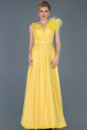 Sarı Uzun Otriş Detaylı Kemerli Abiye Elbise ABU823