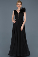 Siyah Uzun Otriş Detaylı Kemerli Abiye Elbise ABU823