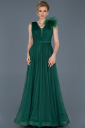 Zümrüt Yeşili Uzun Otriş Detaylı V Yaka Abiye Elbise ABU810
