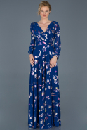 Saks Mavi Uzun Kollu V Yaka Çiçekli Abiye Elbise ABU701