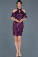 Violet Omuz Dekolteli Payetli Gece Elbisesi ABK323