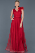 Kırmızı Uzun Otriş Detaylı Nişan Elbisesi ABU842