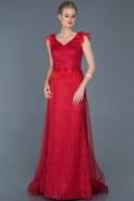 Kırmızı Uzun Kolsuz Güpürlü Nişan Elbisesi ABU854