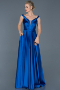 Saks Mavi Kemer Detaylı Saten Nişan Elbisesi ABU865