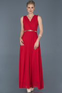 Kırmızı Uzun Kruvaze Yaka Kemerli Mezuniyet Elbisesi ABU860